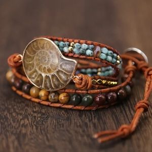 Gorgeous Ammonite Fossil Leather Gemstone Bracelet